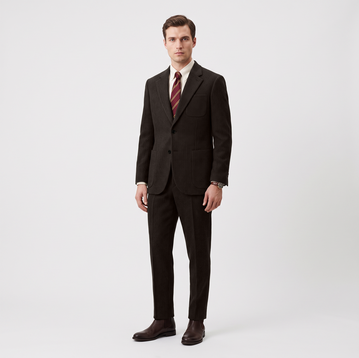 Aesido 2 Piece Double Button Notch Lapel Herringbone Tweed Men's Suit (Blazer+Pants)