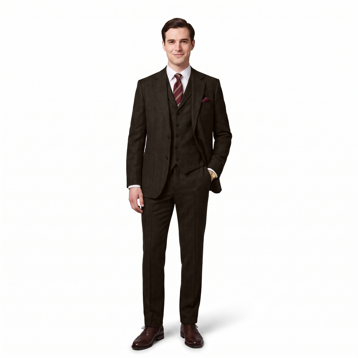 Aesido 3 Pieces Herringbone Notch Lapel Men's Suit (Blazer+Vest+Pants)