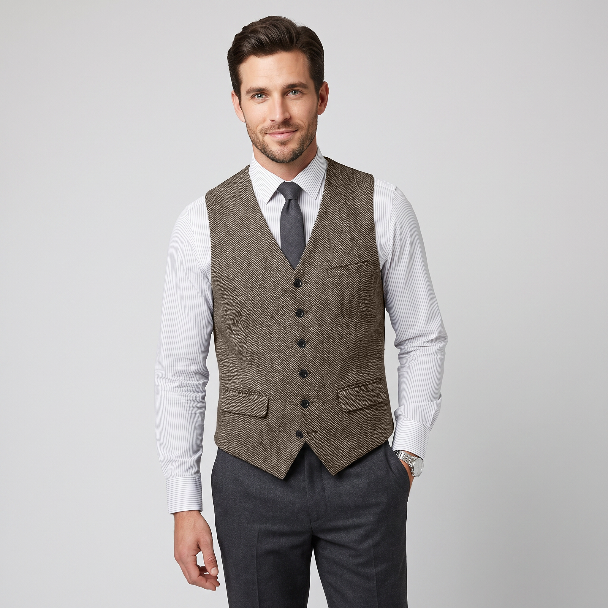 Aesido Men's Single Breasted V Neck Herringbone Waistcoat