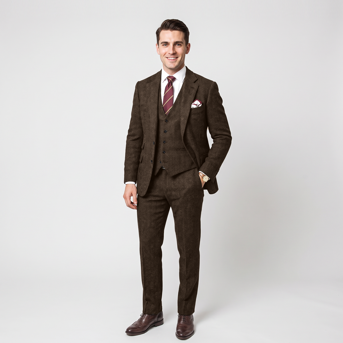 Aesido Vintage 3 Pieces Men's Suit Herringbone Notch Lapel Tuxedos (Blazer+vest+Pants)