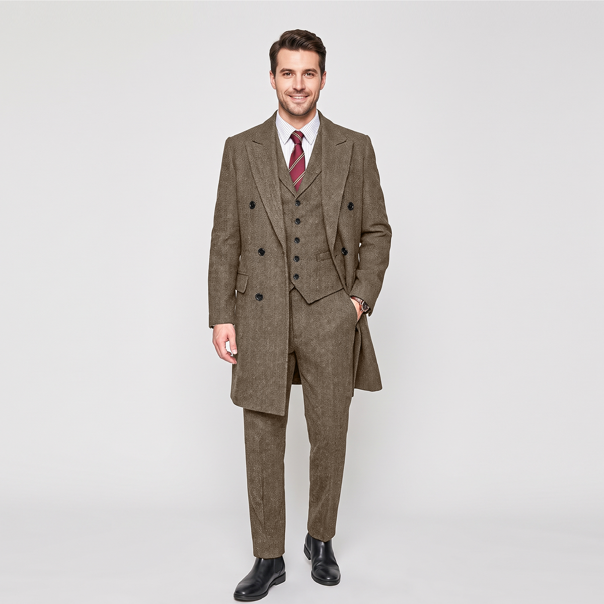 Aesido 3 Pieces Business Mens Suit Regular Fit Peak Lapel Herringbone Blazer(Blazer+vest+Pants)