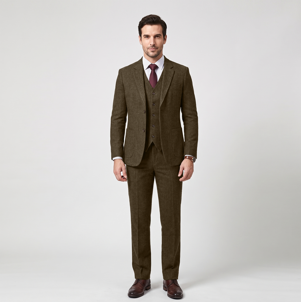 Aesido 3 Pieces Business Herringbone Notch Lapel Men's Suit（Blazer+Vest+Pants）