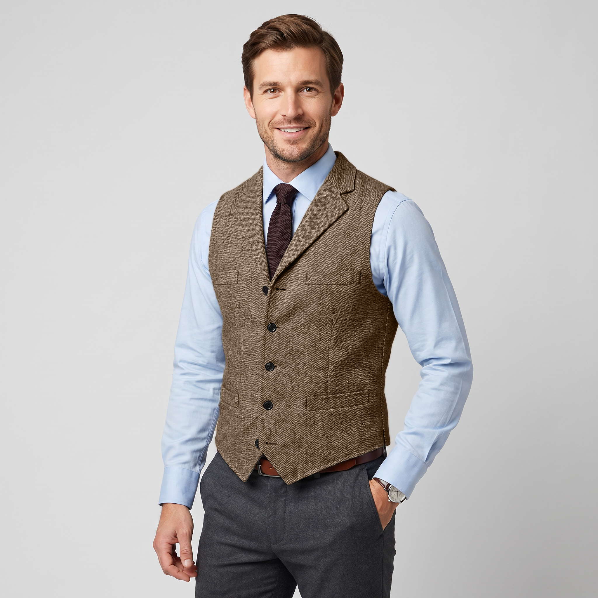 Aesido Business Men's Herringbone Notch Lapel Waistcoat