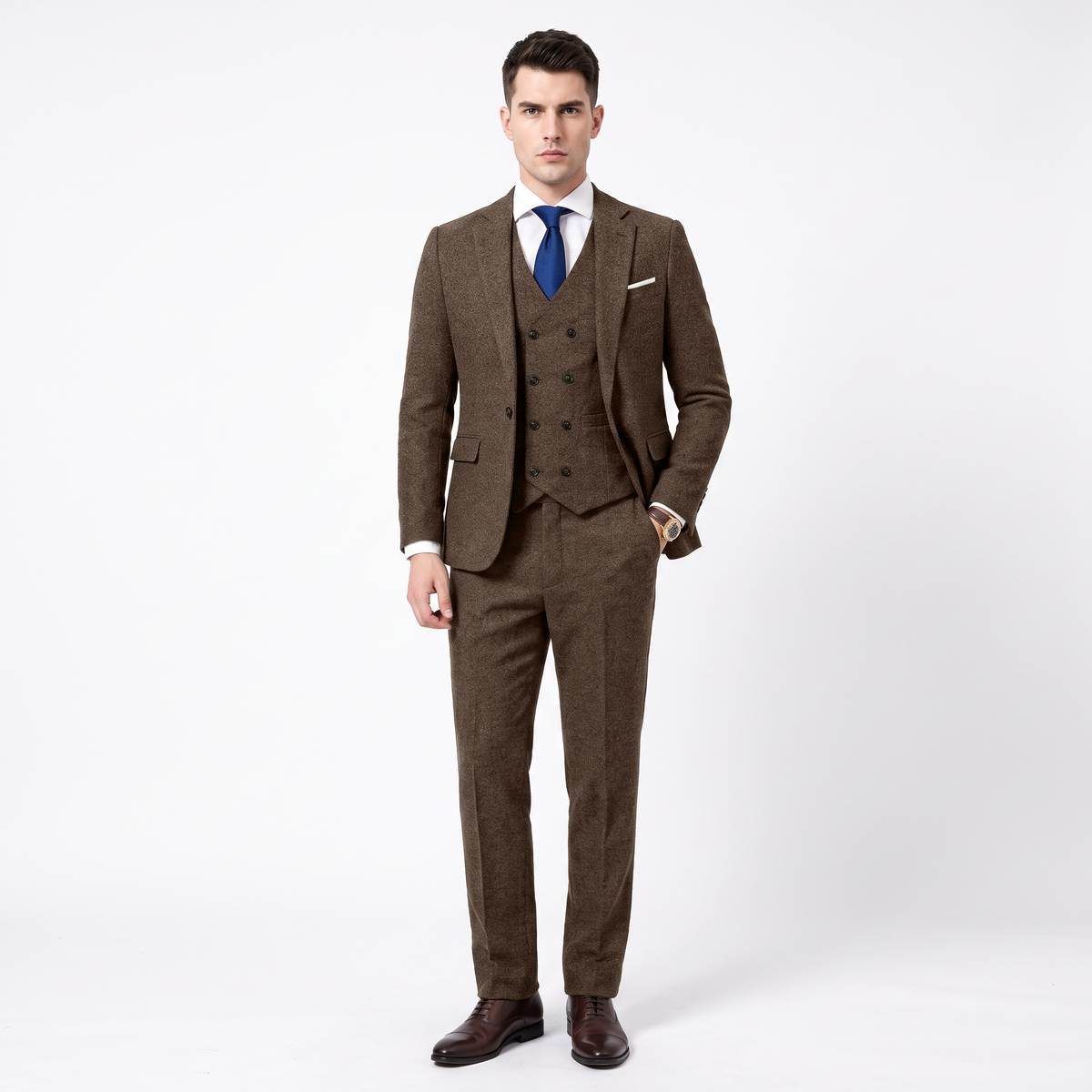 Aesido Men's Business Suit 3 Pieces Tweed Notch Lapel Suits（Blazer+Vest+Pants）