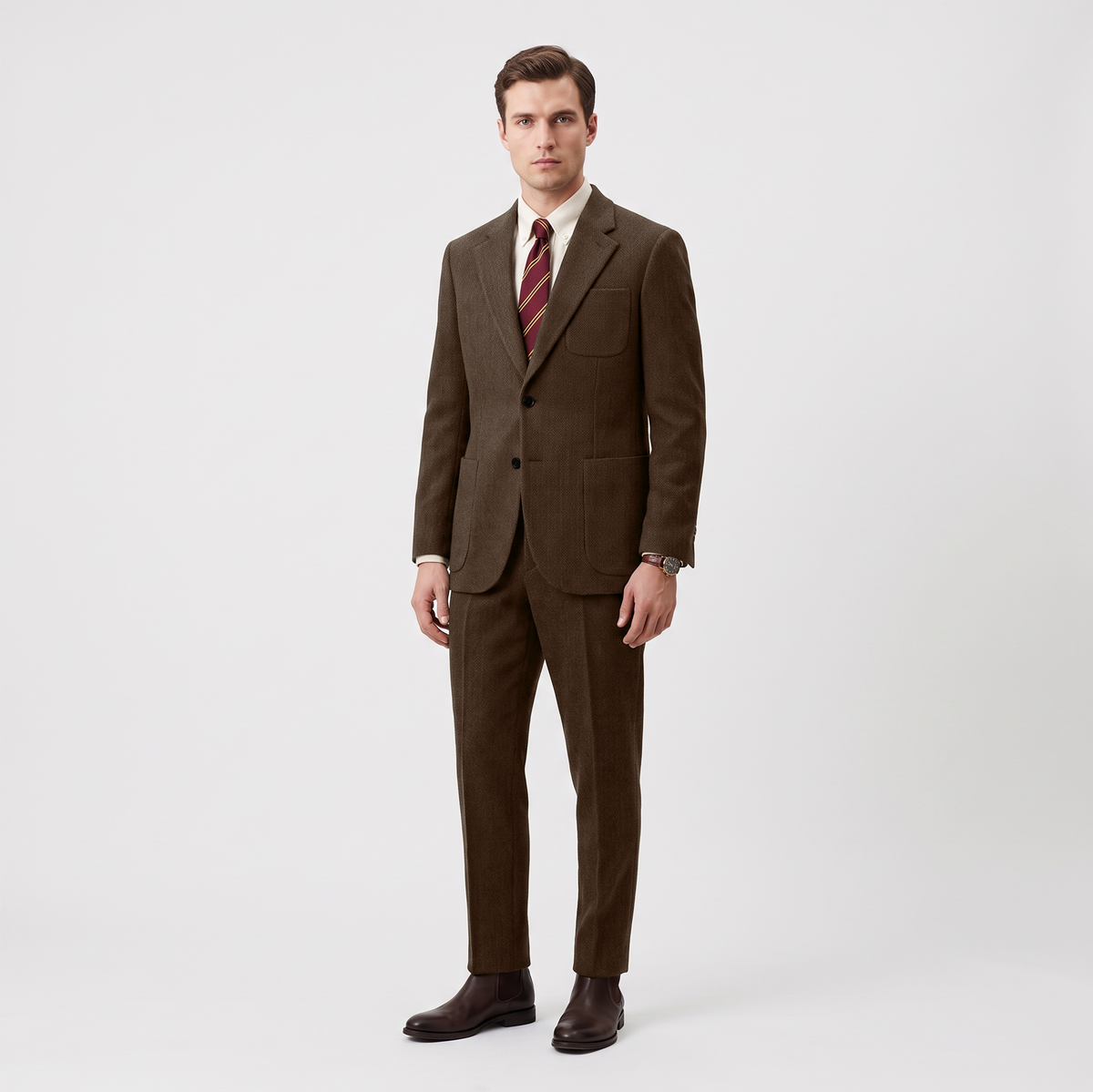 Aesido 2 Piece Double Button Notch Lapel Herringbone Tweed Men's Suit (Blazer+Pants)