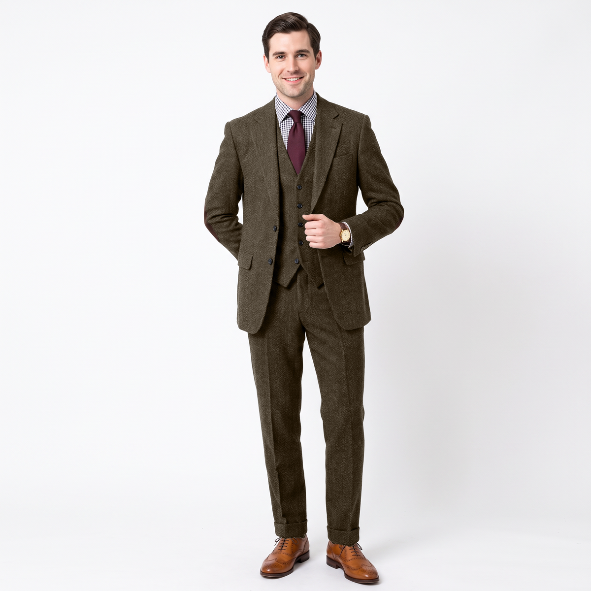 Aesido Men's Business 3 Pieces Herringbone Notch Lapel Suit（Blazer+Vest+Pants）