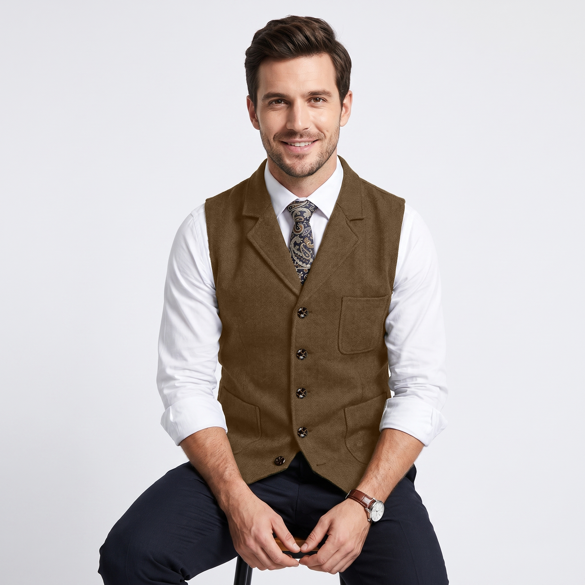 Aesido Formal Men's Vest Herringbone Notch Lapel Waistcoat
