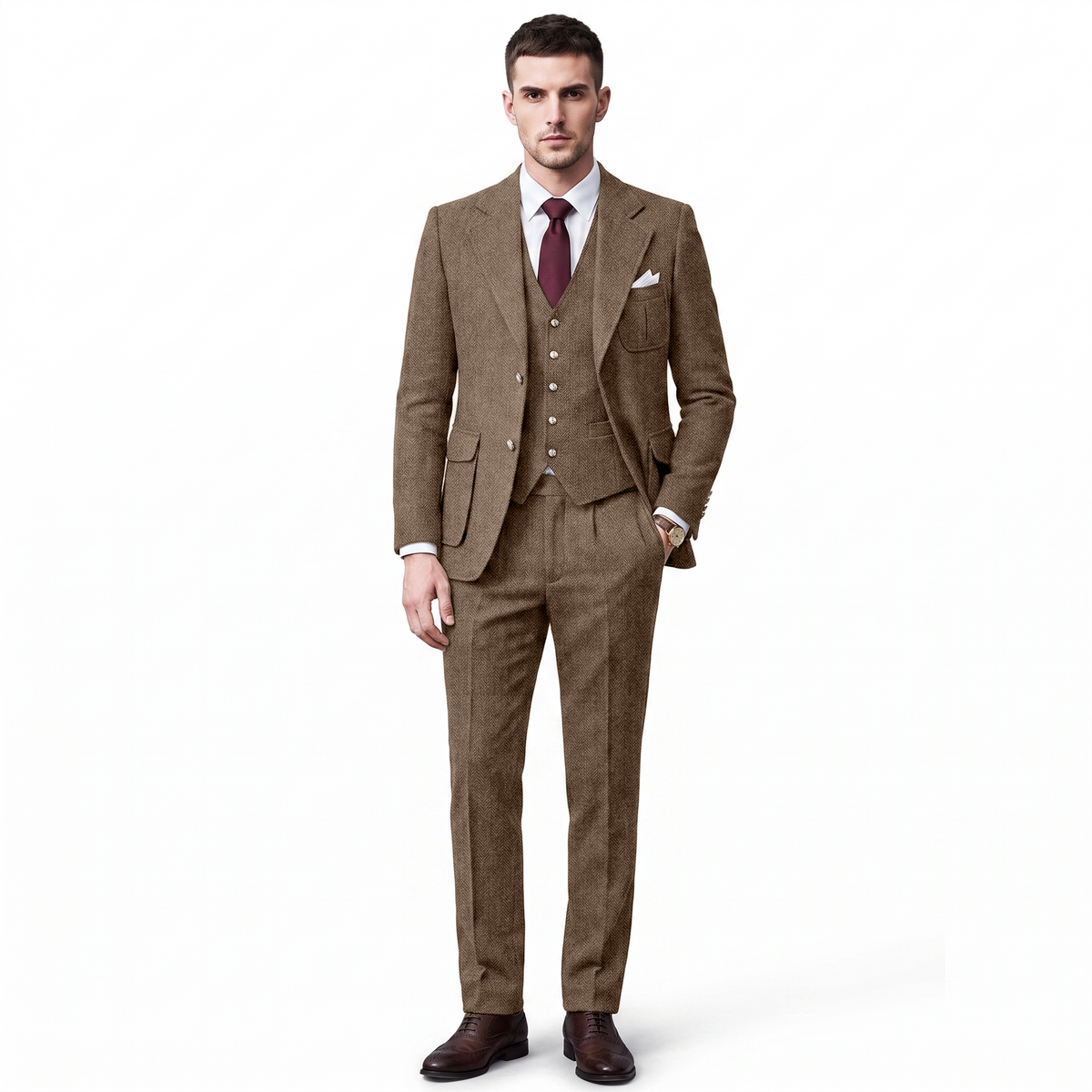 Aesido 3 Pieces Classic Herringbone Notch Lapel Suits (Blazer+Vest+Pants)
