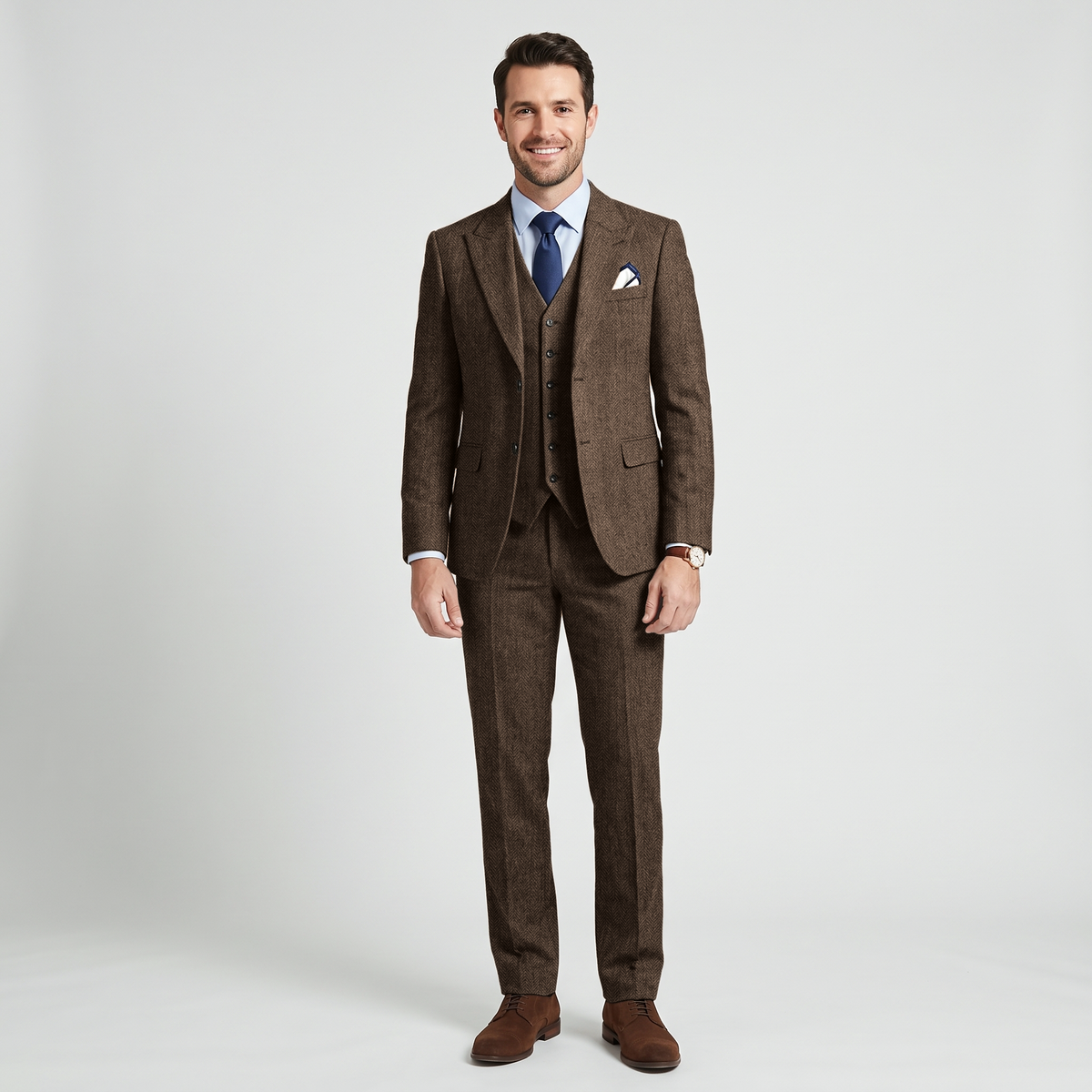 Aesido 3 Pieces Business Herringbone Peak Lapel Men's Suit (Blazer+Vest+Pants)
