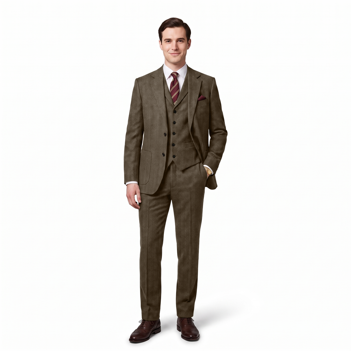 Aesido 3 Pieces Herringbone Notch Lapel Men's Suit (Blazer+Vest+Pants)