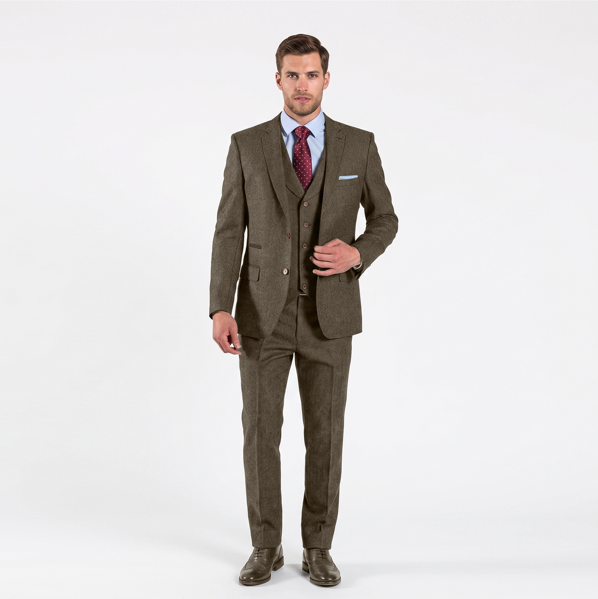 Aesido Men’s 3 Pieces Herringbone Tweed Notch Lapel Gent Suit (Blazer+Vest+Pants)