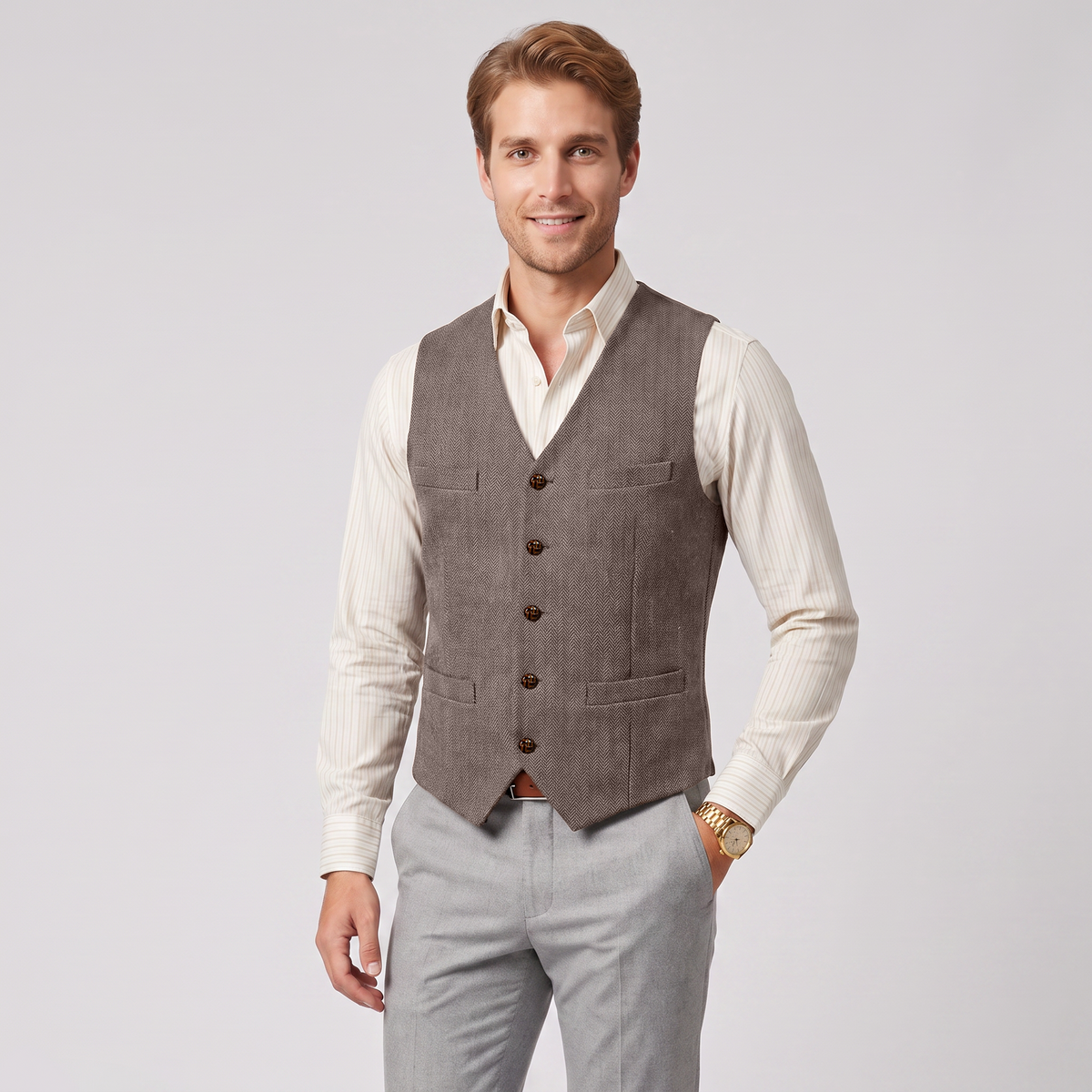 Aesido Casual Single Breasted V Neck Herringbone Men's Vest