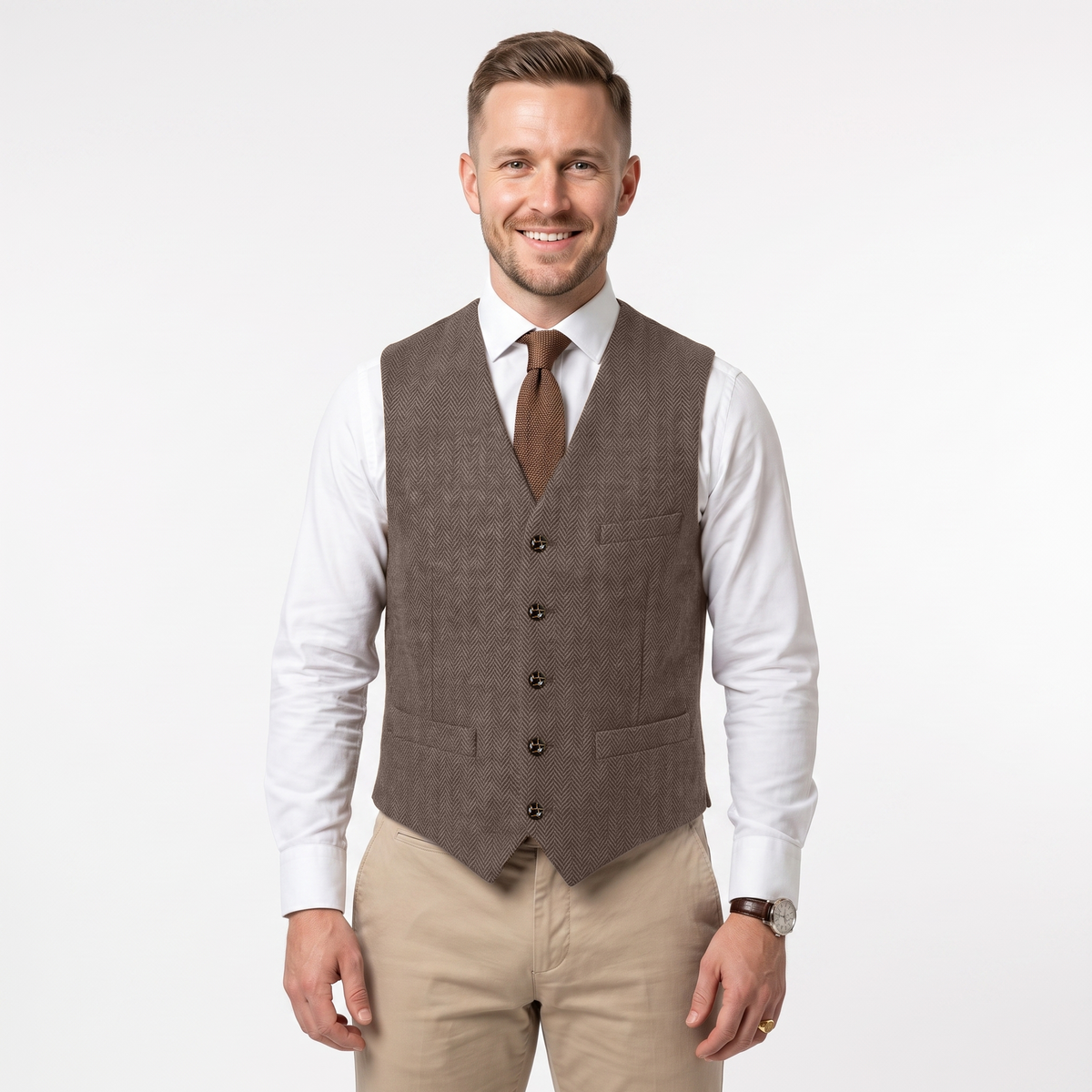 Aesido Formal Men's Vest Herringbone V Neck Waistcoat for Wedding
