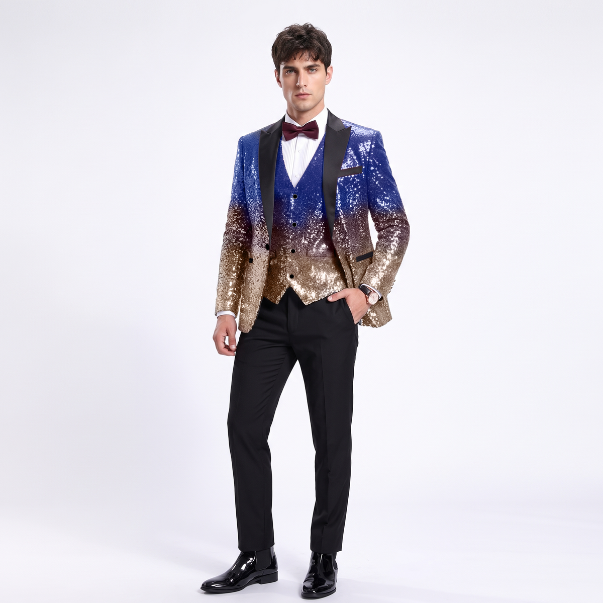 Aesido Men's Fashion Gradient Sequined Tuxedo Suit Peak Lapel Men's Suit (Blazer + Vest + Pants)