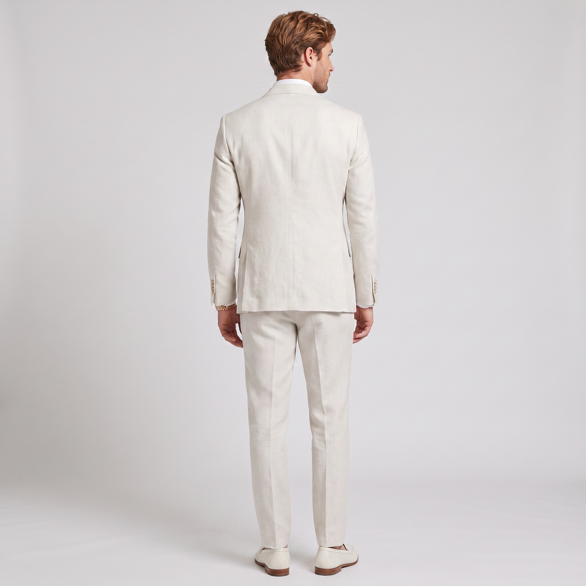 Aesido Ivory 2 Pieces Linen Casual Double Buttons Notch Lapel Men's Suits (Blazer+Pants)