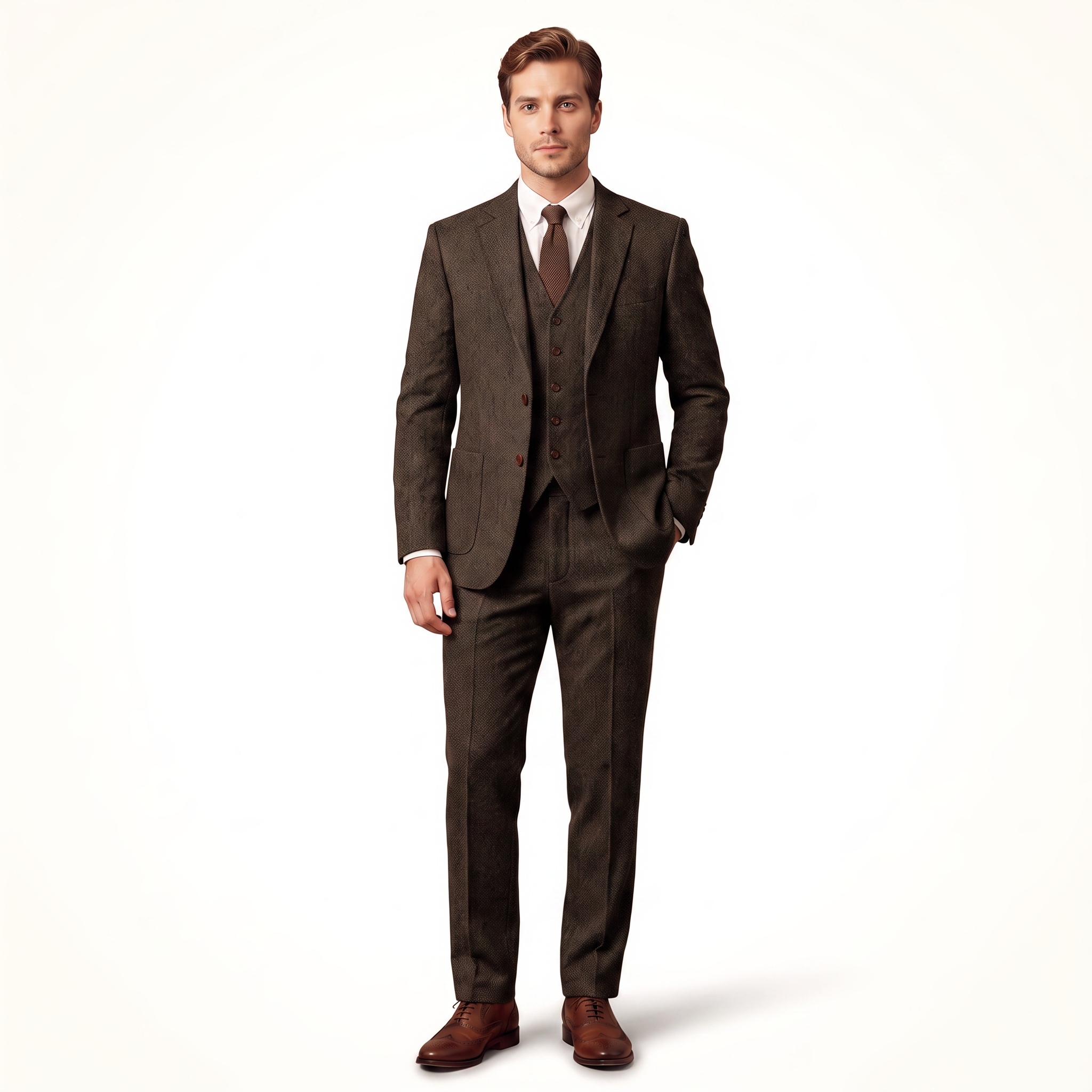 Aesido Double Buttons Casual Men's Suit 3 Pieces Classic Tweed Notch Lapel Tuxedos (Blazer+vest+Pants)