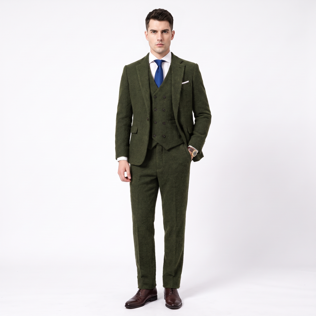 Aesido Men's Business Suit 3 Pieces Tweed Notch Lapel Suits（Blazer+Vest+Pants）