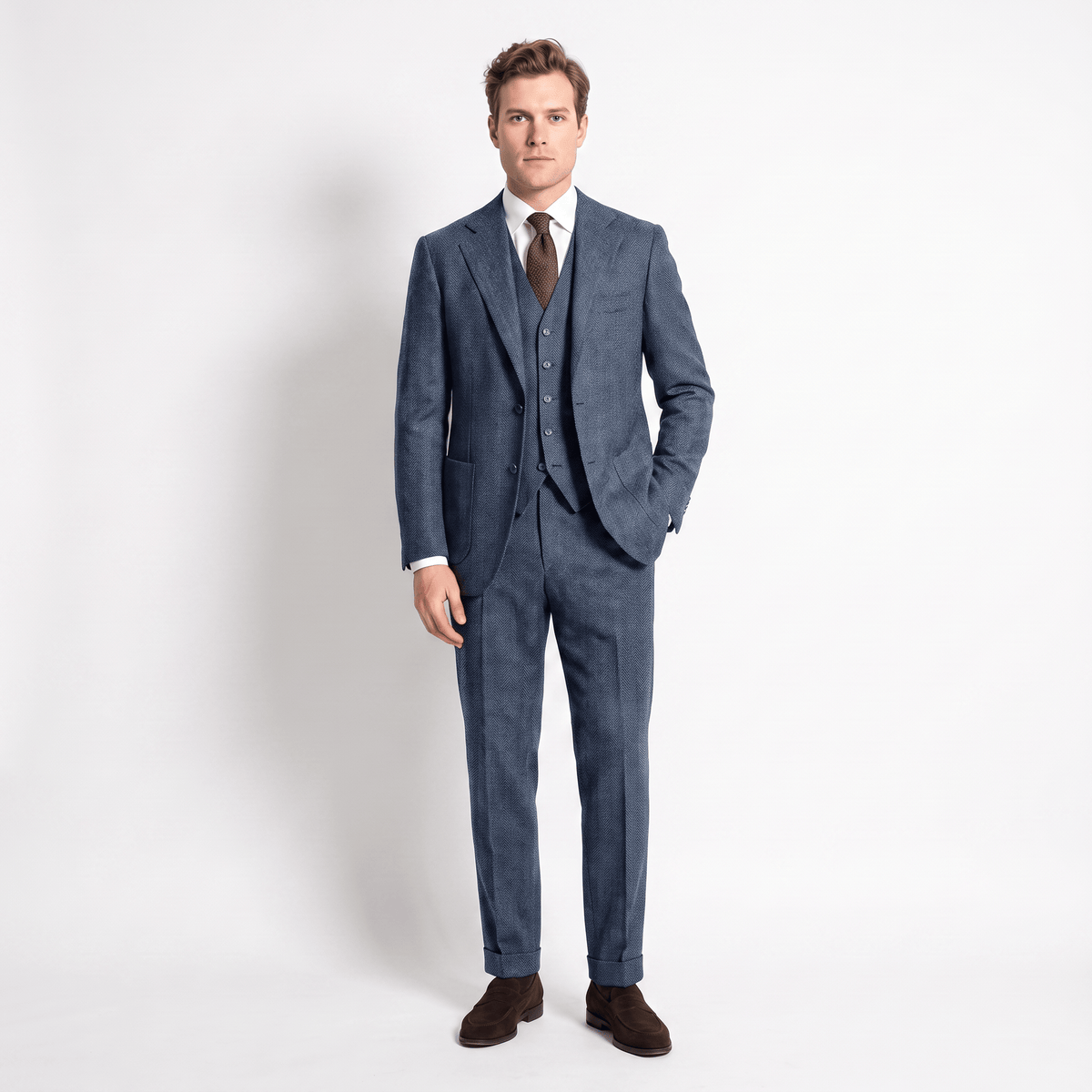 Aesido 3 Pieces Men's Suit Herringbone Notch Lapel Suits (Blazer+Vest+Pants)