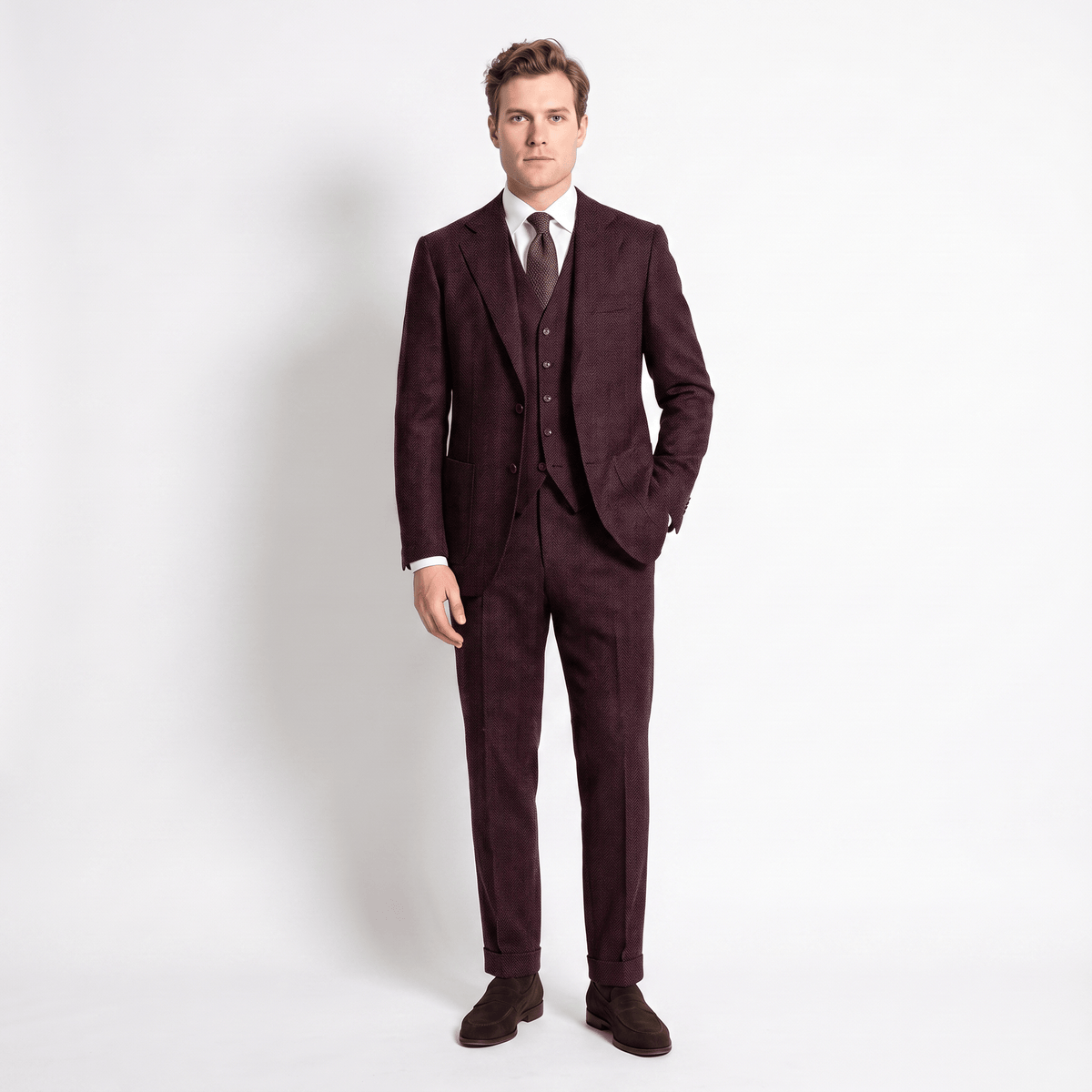 Aesido 3 Pieces Men's Suit Herringbone Notch Lapel Suits (Blazer+Vest+Pants)