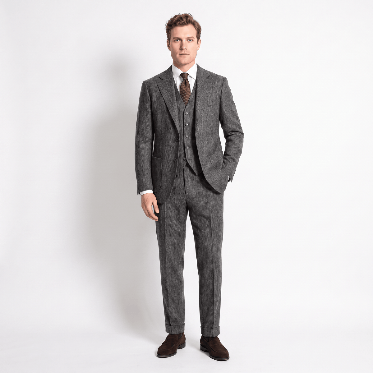 Aesido 3 Pieces Men's Suit Herringbone Notch Lapel Suits (Blazer+Vest+Pants)