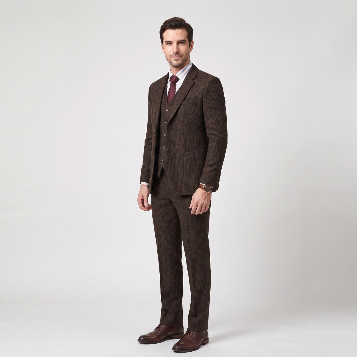 Aesido 3 Pieces Business Herringbone Notch Lapel Men's Suit（Blazer+Vest+Pants）