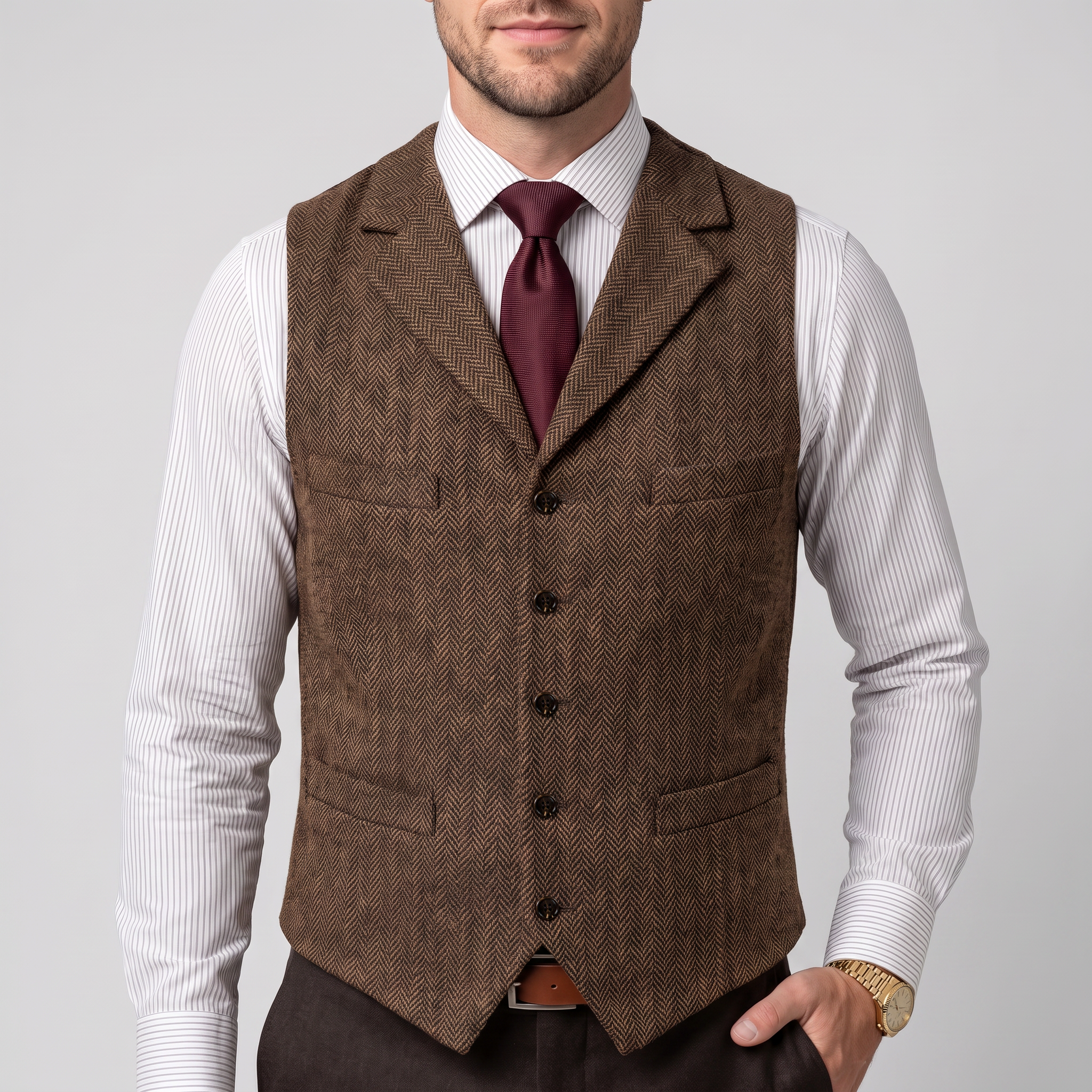 Aesido Casual Men's Classic Slim Fit Herringbone Notch Lapel Waistcoat