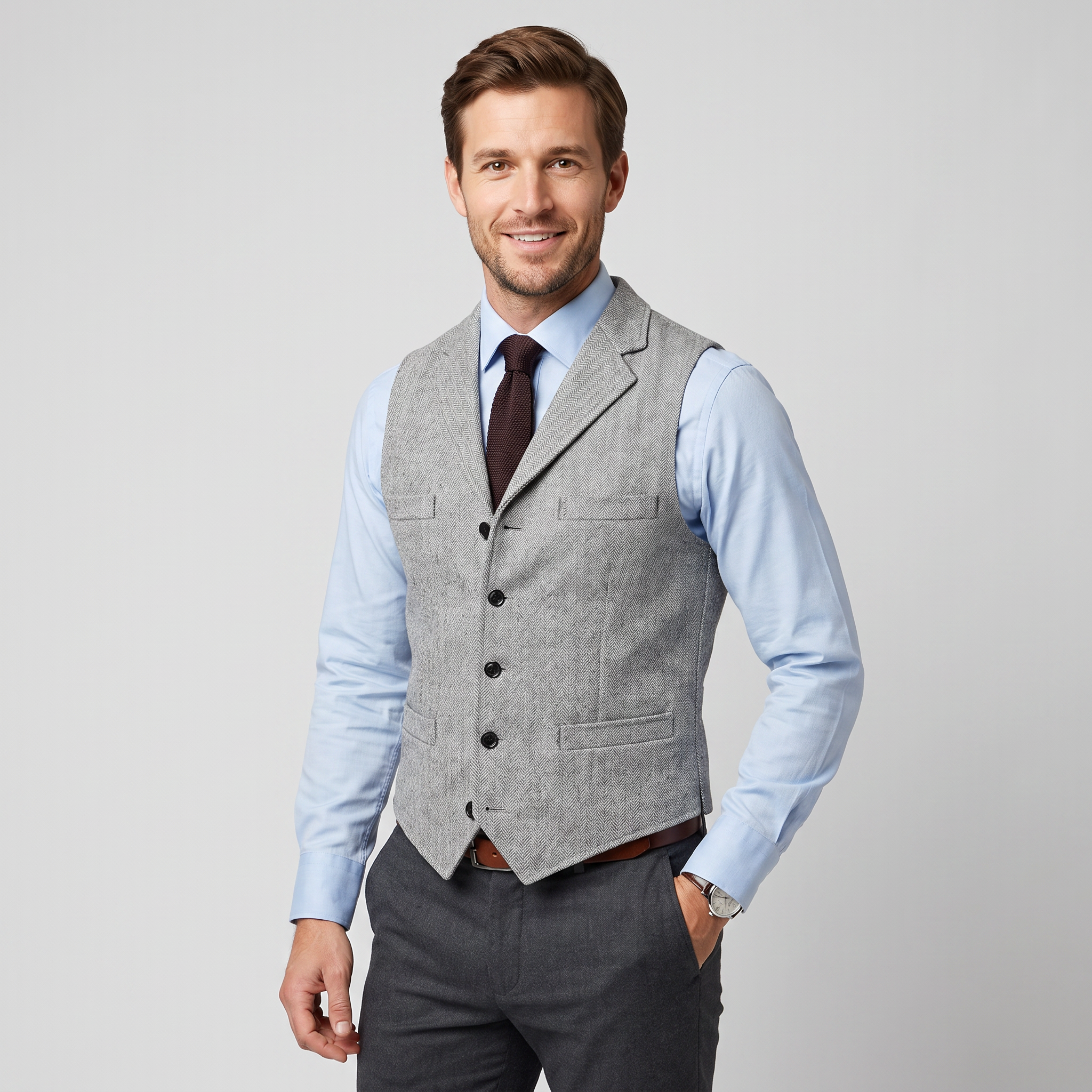 Aesido Business Men's Herringbone Notch Lapel Waistcoat