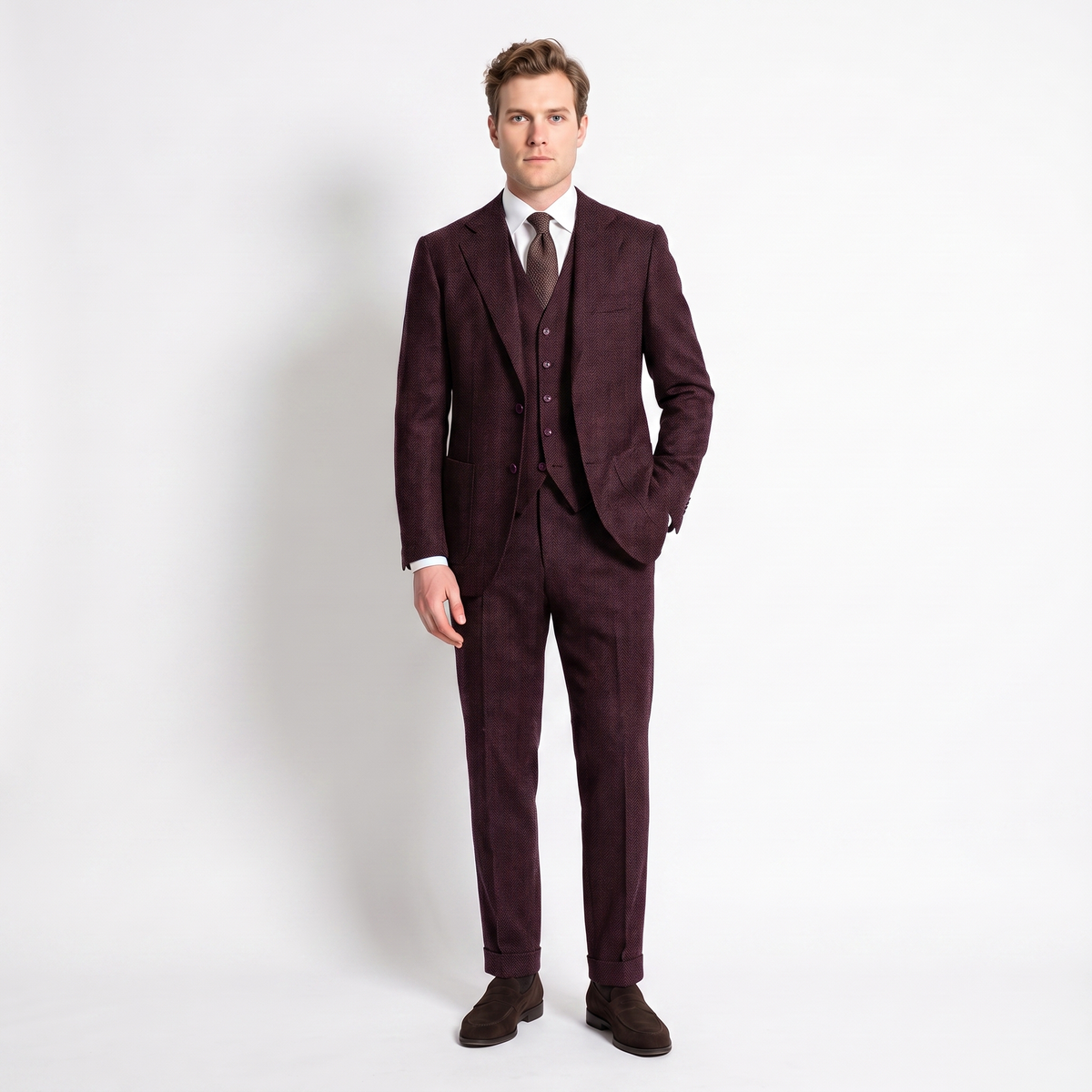 Aesido 3 Pieces Men's Suit Herringbone Notch Lapel Suits (Blazer+Vest+Pants)