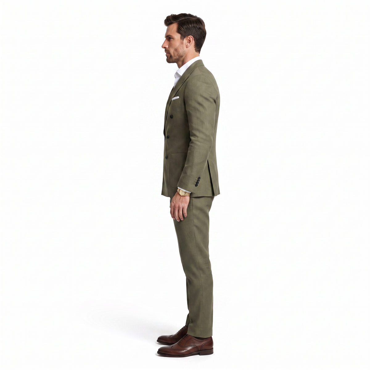 Aesido Business Casual 2 Pieces Olive Green Linen Peak Lapel Men's Suits (Blazer+Pants)