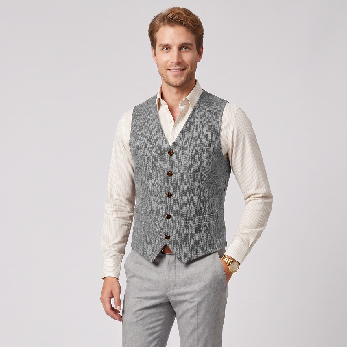 Aesido Casual Single Breasted V Neck Herringbone Men's Vest