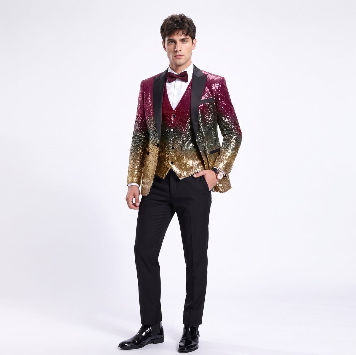 Aesido Men's Fashion Gradient Sequined Tuxedo Suit Peak Lapel Men's Suit (Blazer + Vest + Pants)