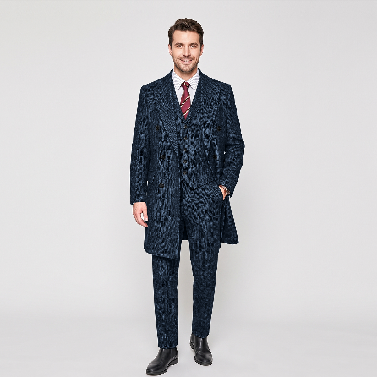 Aesido 3 Pieces Business Mens Suit Regular Fit Peak Lapel Herringbone Blazer(Blazer+vest+Pants)