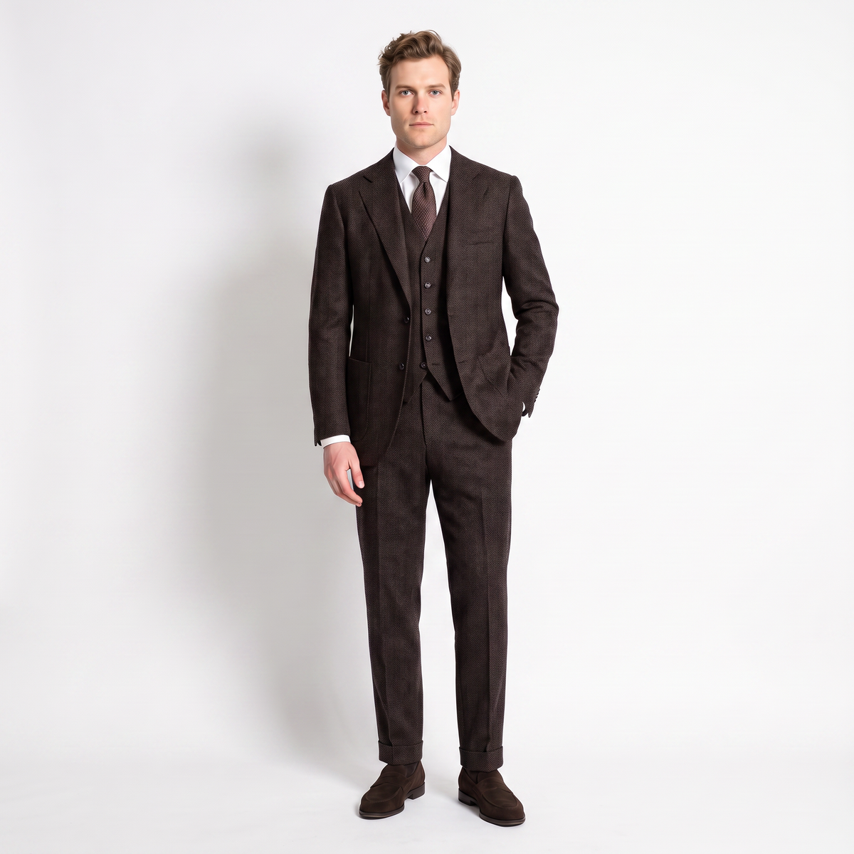 Aesido 3 Pieces Men's Suit Herringbone Notch Lapel Suits (Blazer+Vest+Pants)