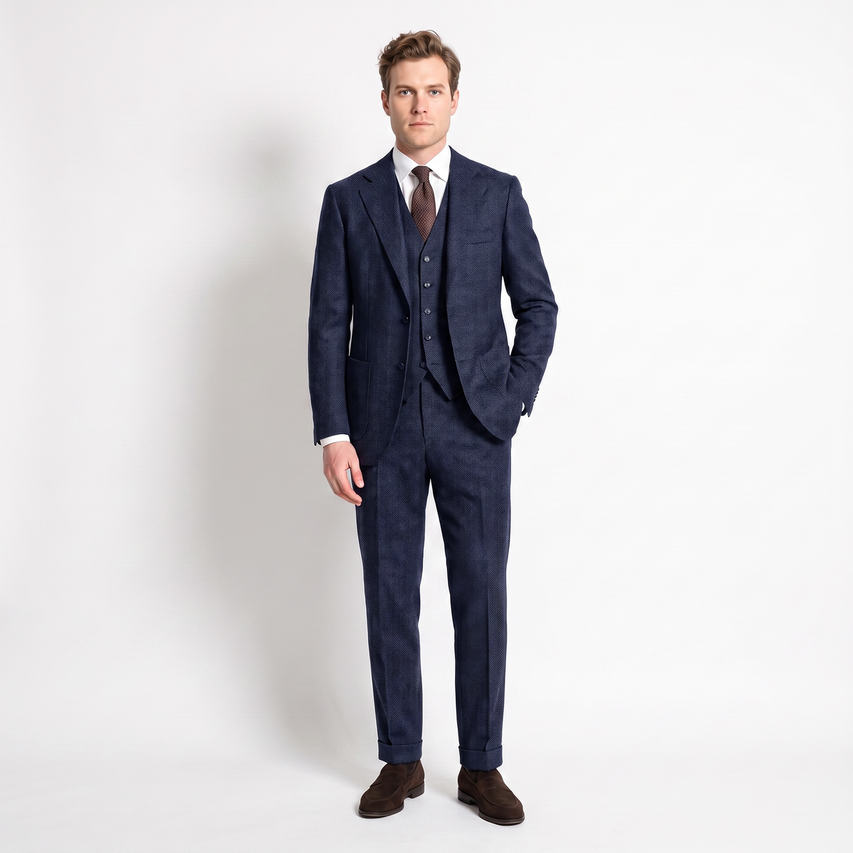 Aesido 3 Pieces Men's Suit Herringbone Notch Lapel Suits (Blazer+Vest+Pants)
