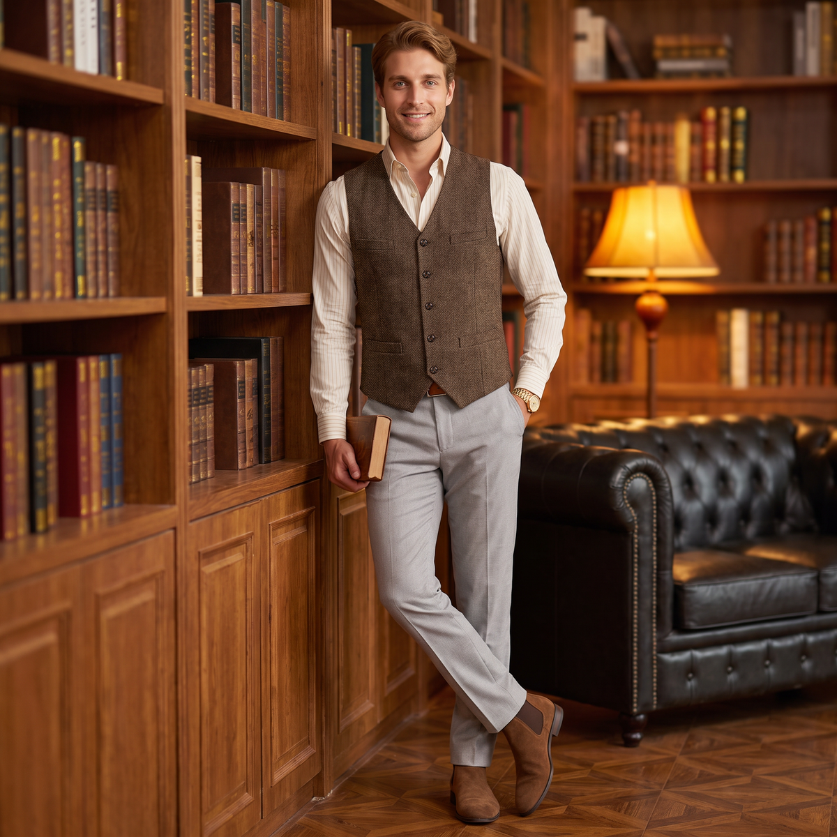 Aesido Casual Single Breasted V Neck Herringbone Men's Vest