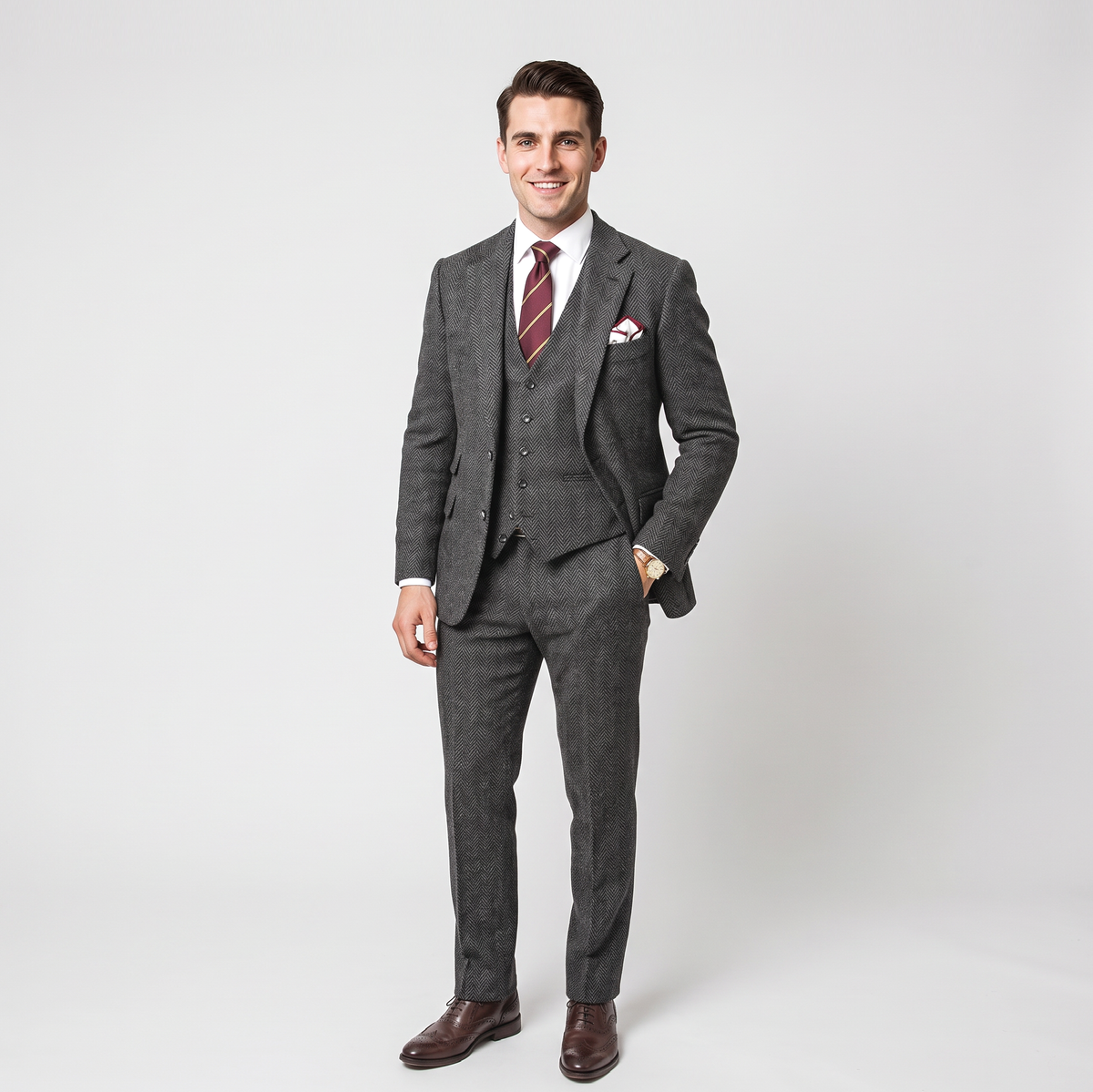 Aesido Vintage 3 Pieces Men's Suit Herringbone Notch Lapel Tuxedos (Blazer+vest+Pants)