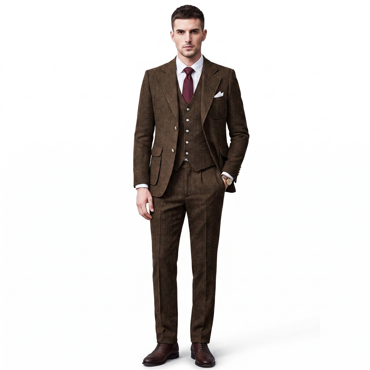 Aesido 3 Pieces Classic Herringbone Notch Lapel Suits (Blazer+Vest+Pants)