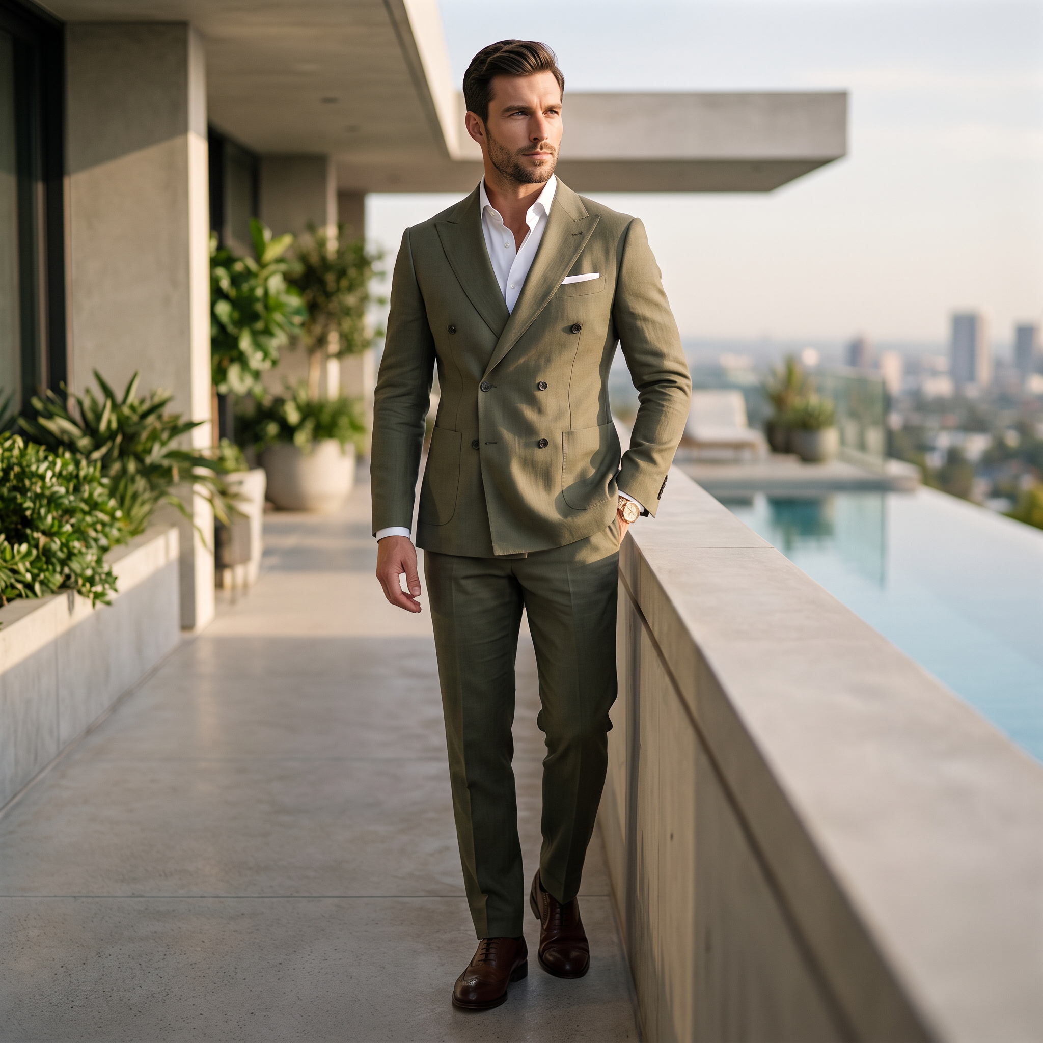 Aesido Business Casual 2 Pieces Olive Green Linen Peak Lapel Men's Suits (Blazer+Pants)