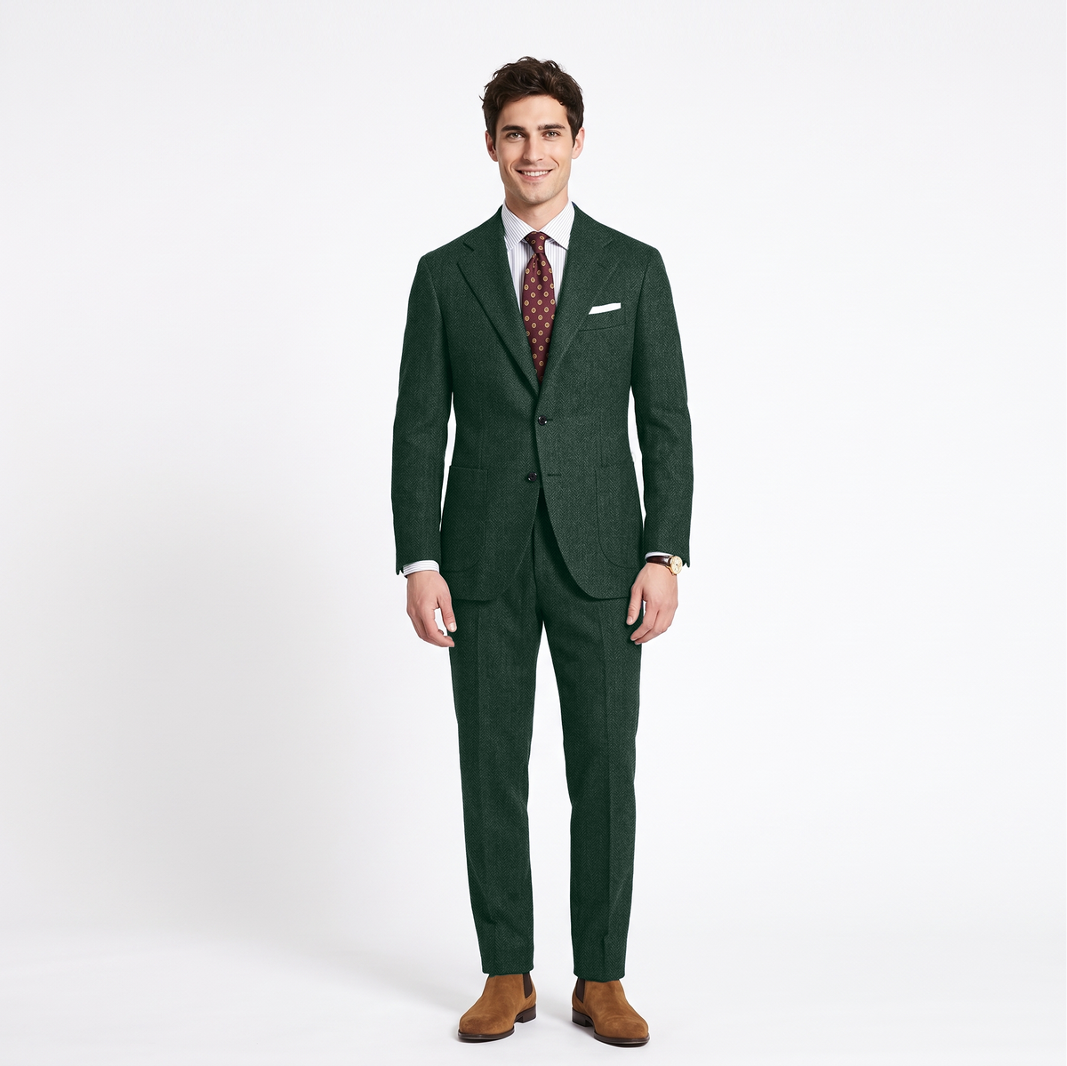 Aesido 2 Pieces Notch Lapel Herringbone Tweed Men's Suit (Blazer+Pants)