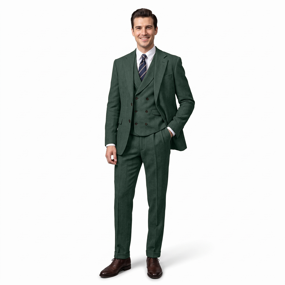 Aesido Men's Suit 3 Pieces Herringbone Notch Lapel Suit（Blazer+Vest+Pants）