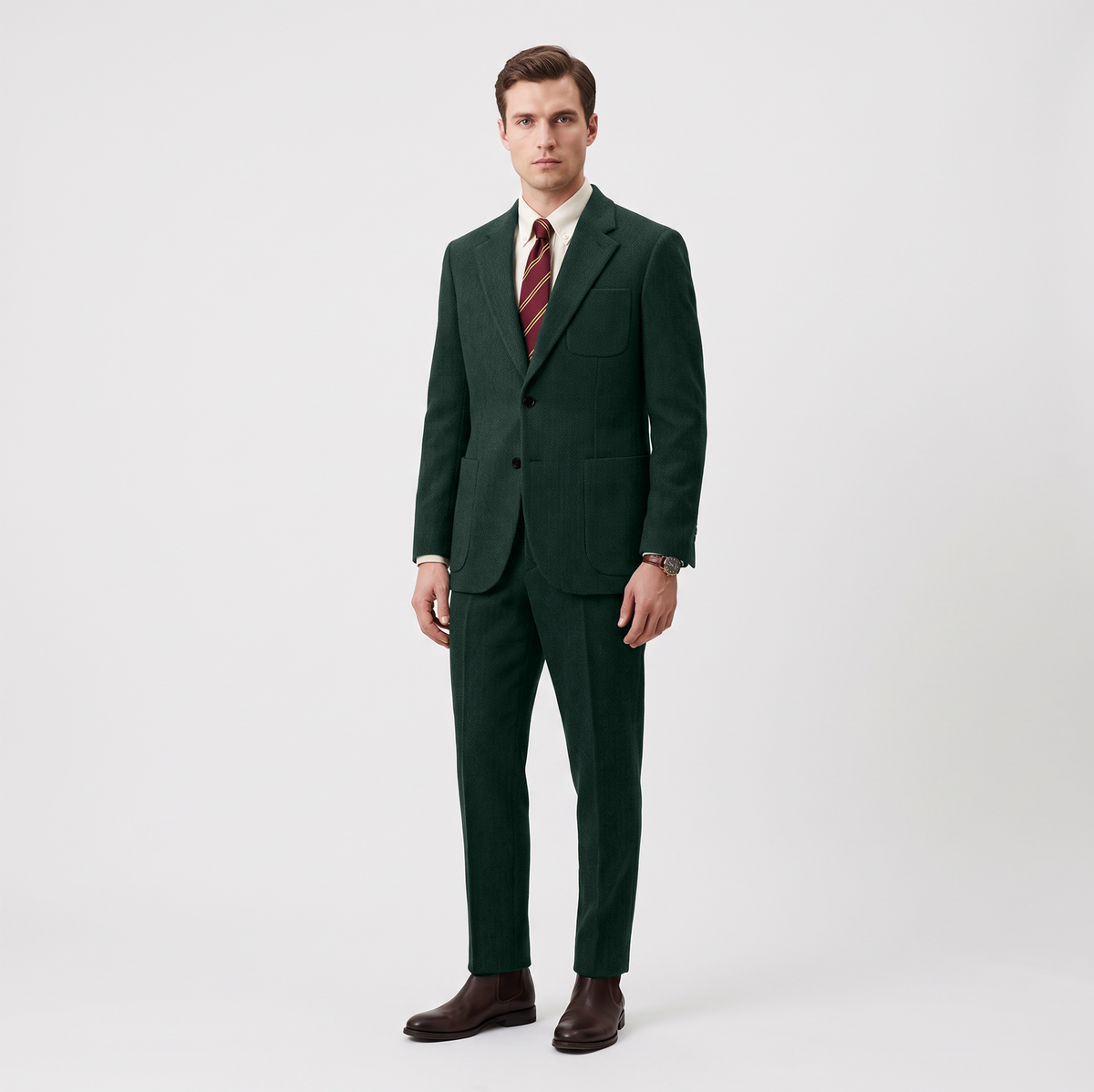 Aesido 2 Piece Double Button Notch Lapel Herringbone Tweed Men's Suit (Blazer+Pants)