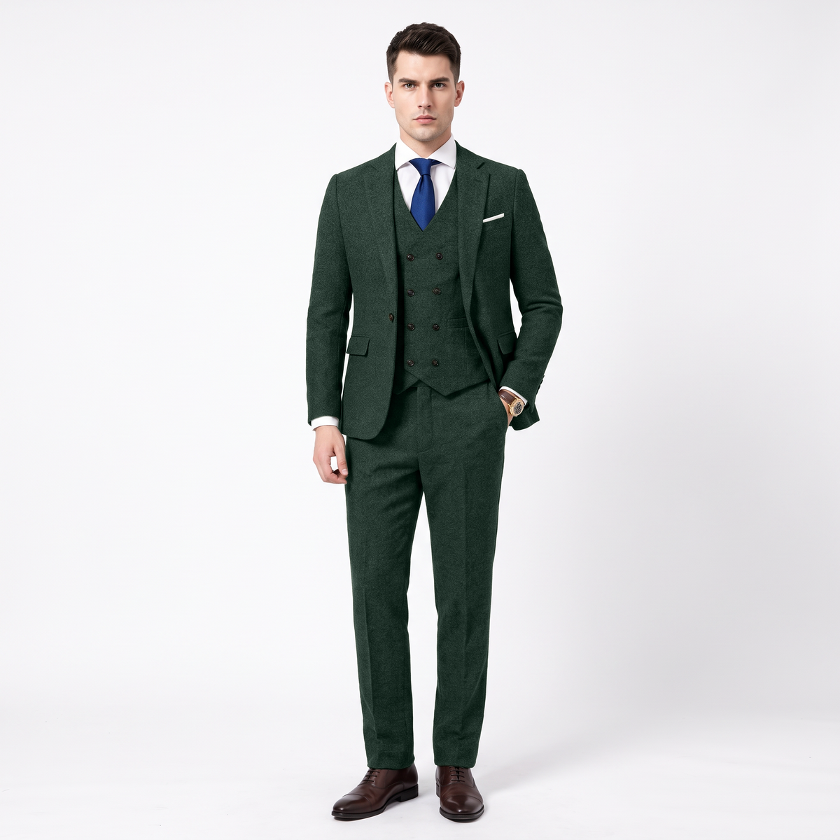 Aesido Men's Business Suit 3 Pieces Tweed Notch Lapel Suits（Blazer+Vest+Pants）