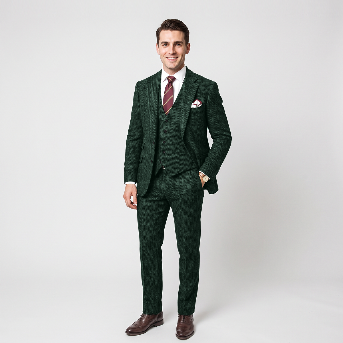 Aesido Vintage 3 Pieces Men's Suit Herringbone Notch Lapel Tuxedos (Blazer+vest+Pants)