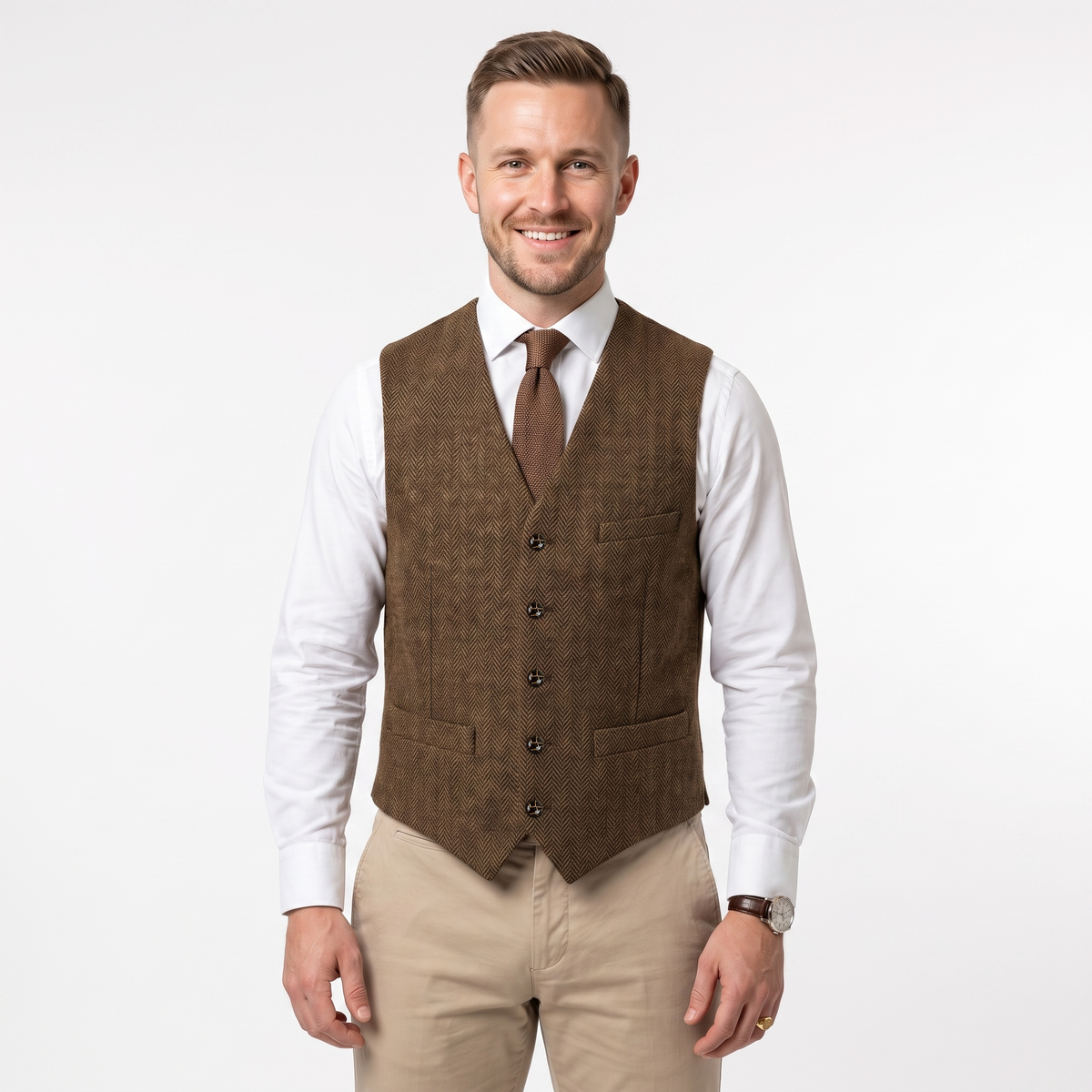 Aesido Formal Men's Vest Herringbone V Neck Waistcoat for Wedding
