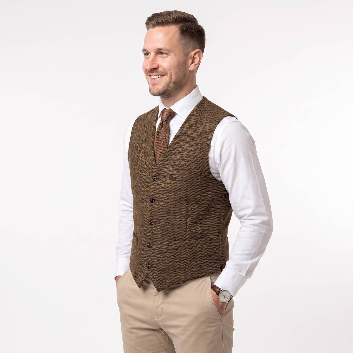 Aesido Formal Men's Vest Herringbone V Neck Waistcoat for Wedding