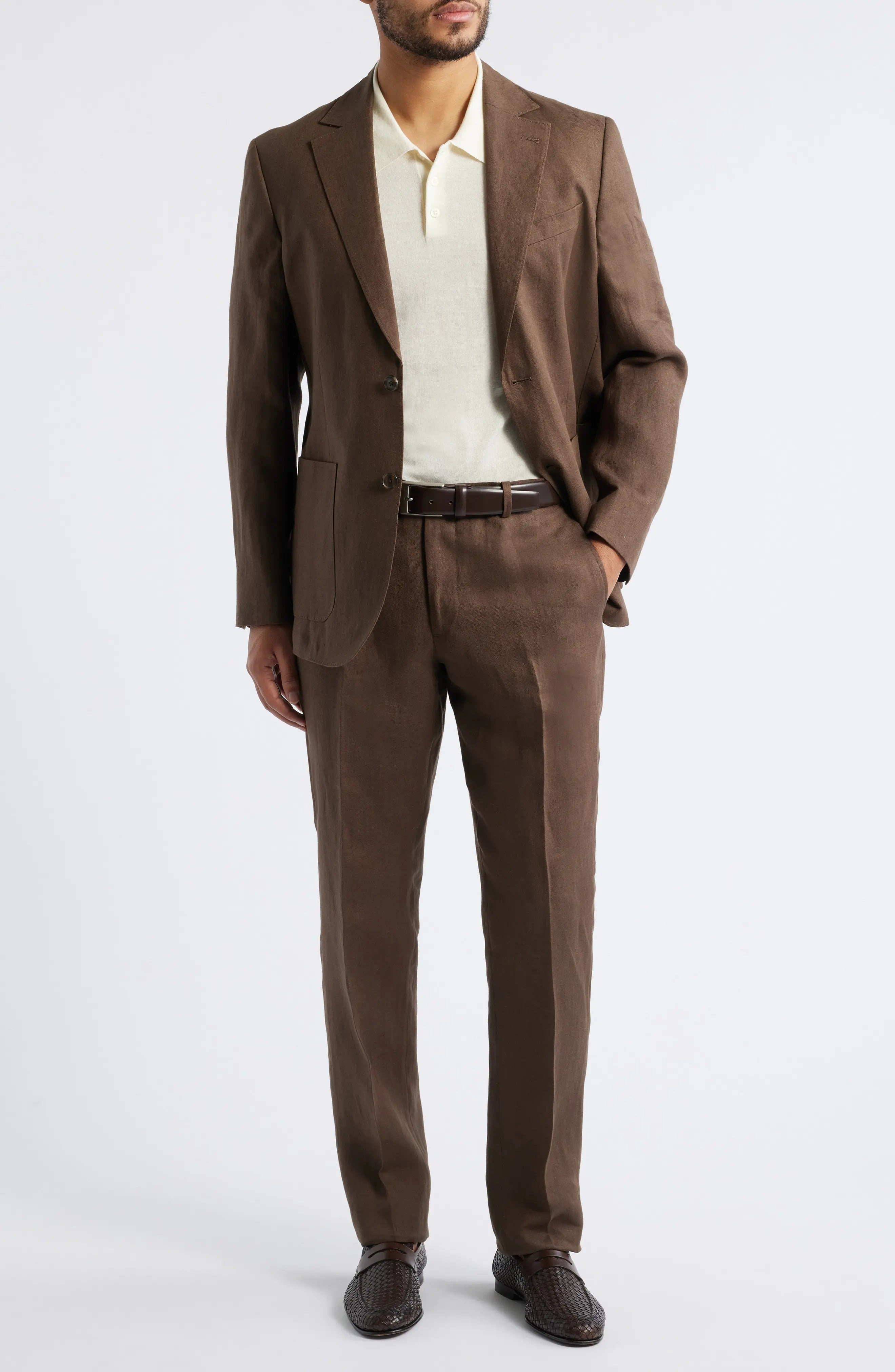 Summer Brown 2 Piece Linen Double Button Business Casual Men Suit (Blazer+Pants)