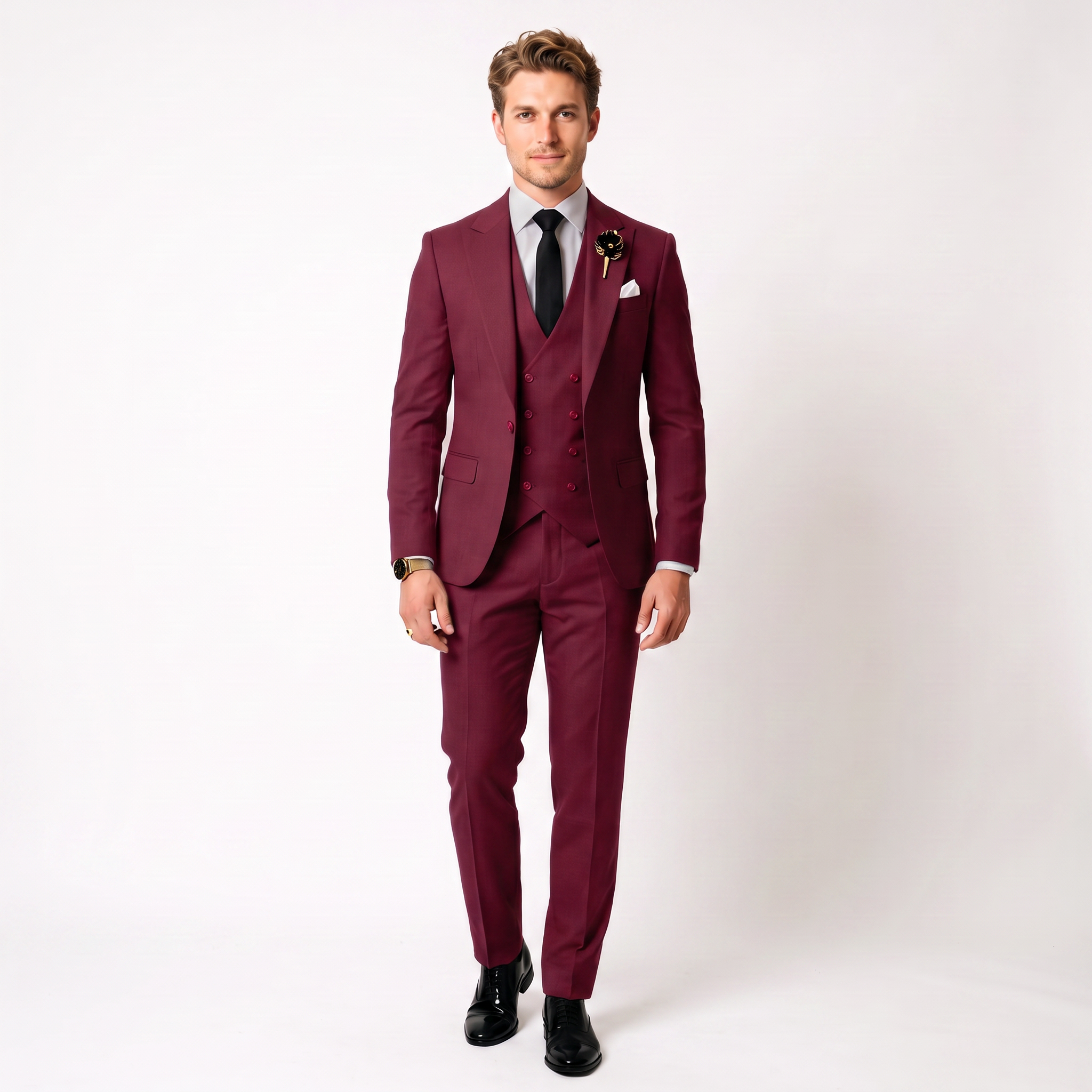 3 Piece Mens Suit Slim Fit Solid Peak Lapel Suit (Blazer + Vest + Pants)