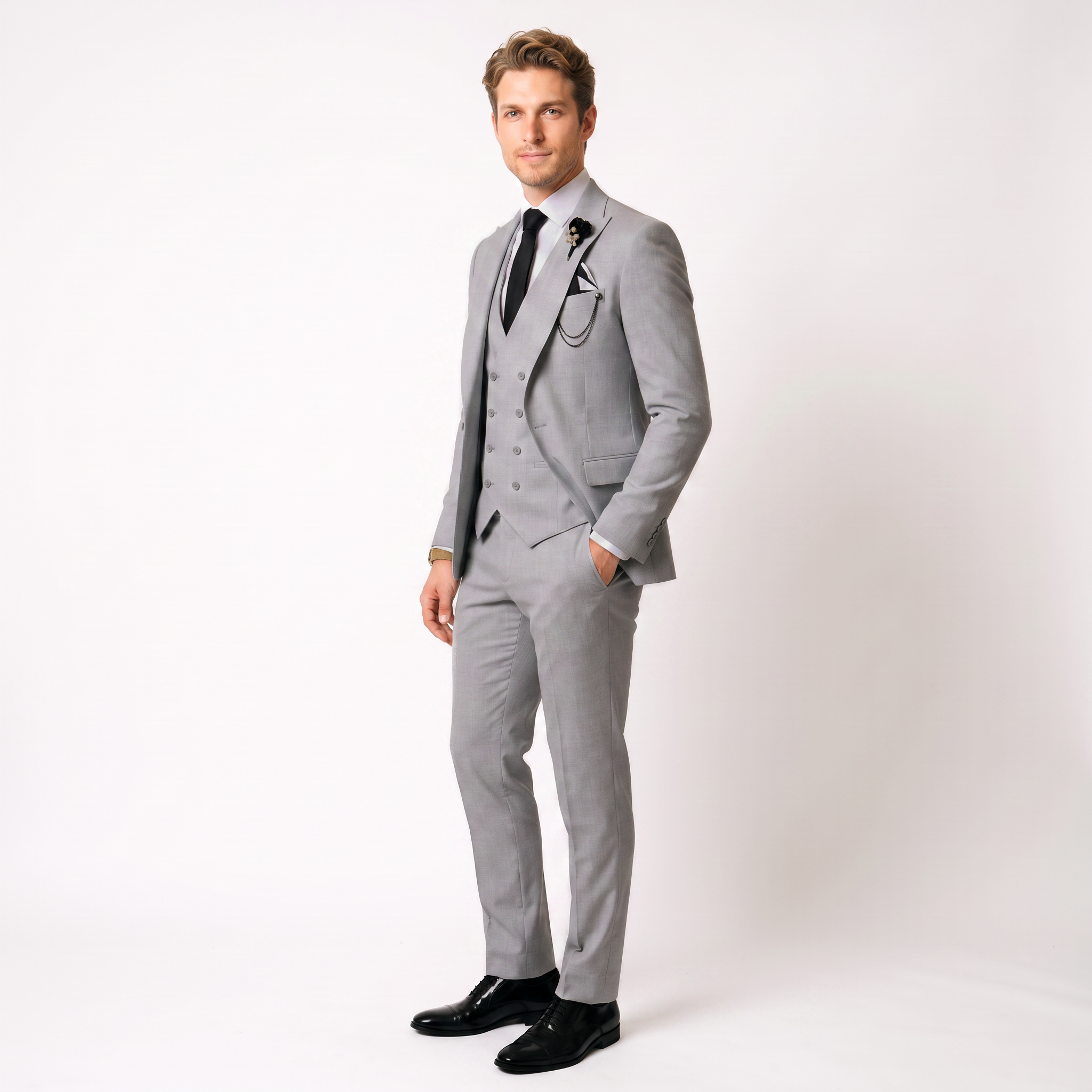 3 Piece Mens Suit Slim Fit Solid Peak Lapel Suit (Blazer + Vest + Pants)