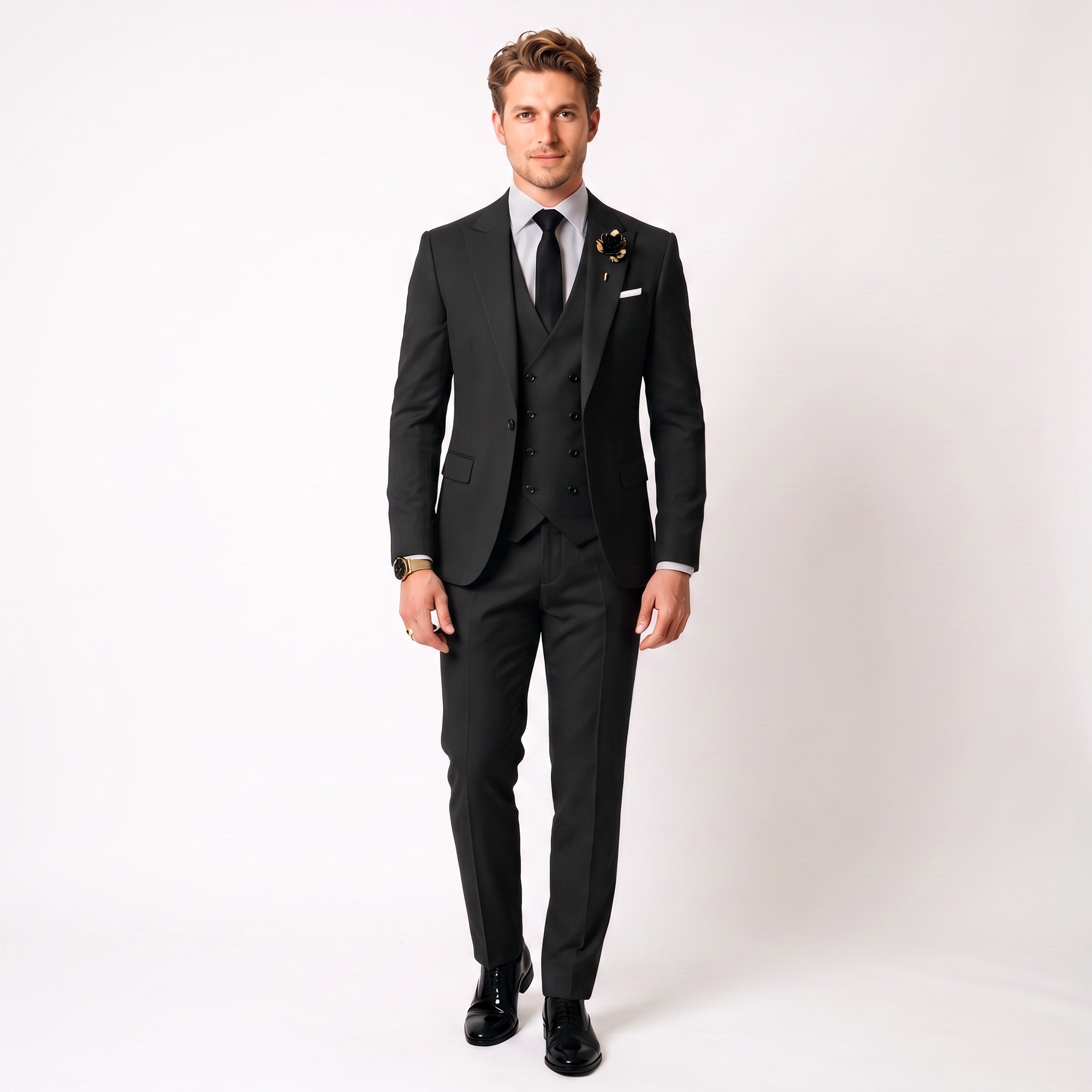 3 Piece Mens Suit Slim Fit Solid Peak Lapel Suit (Blazer + Vest + Pants)