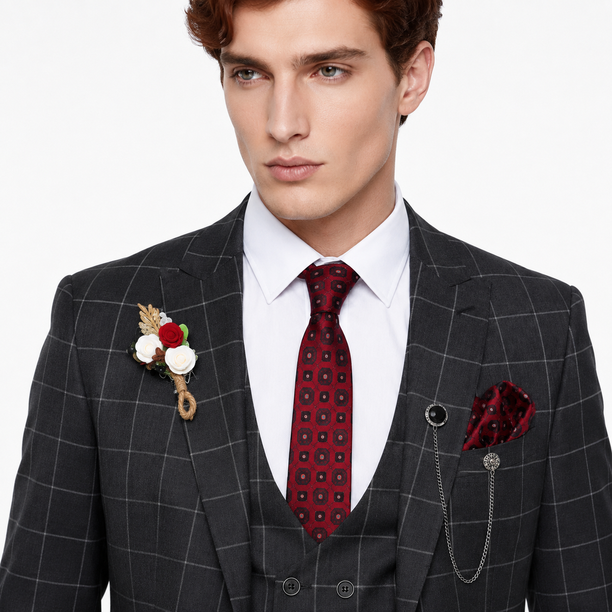 Formal Men's Suit 3 Pieces Business Plaid Solid Peak Lapel Tuxedos (Blazer+Vest+Pants)